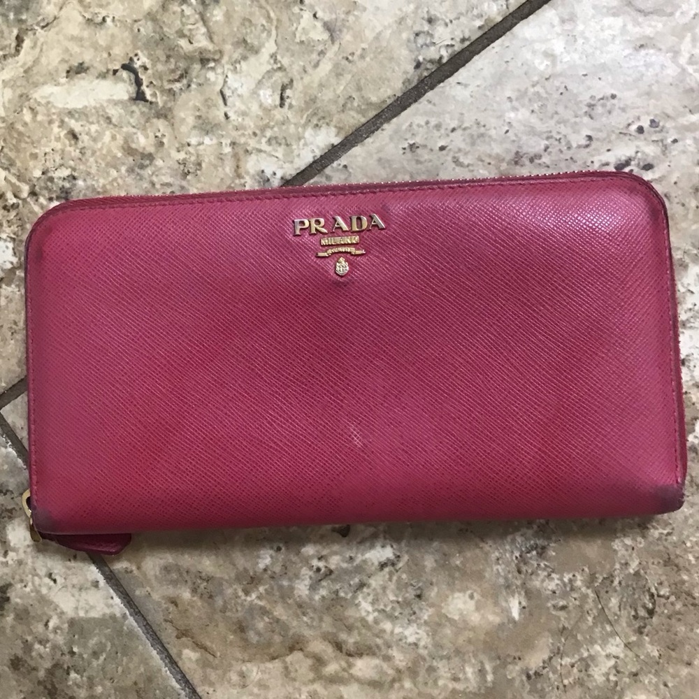 Prada Hot Pink Saffiano Zip Wallet with Gold Logo